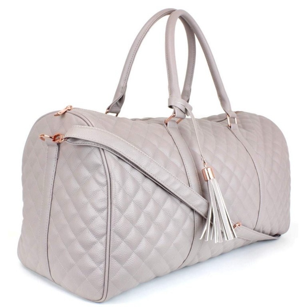 Women's Quilted Leather Weekender Travel Duffel Bag With Rose Gold Hardware